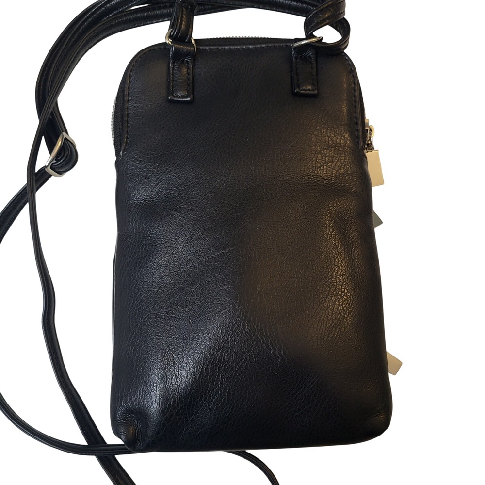 Black Faux Leather Multi-Pocket Crossbody Travel Bag Phone Purse Silver Hardware - Picture 2 of 8
